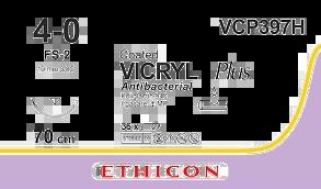 VICRYL PLUS фіолетовий 70см M1.5 USP4/0 одна голка FS-2, тип зворотньо-ріжуча Reverse Cutting, 19мм, 3/8 кола